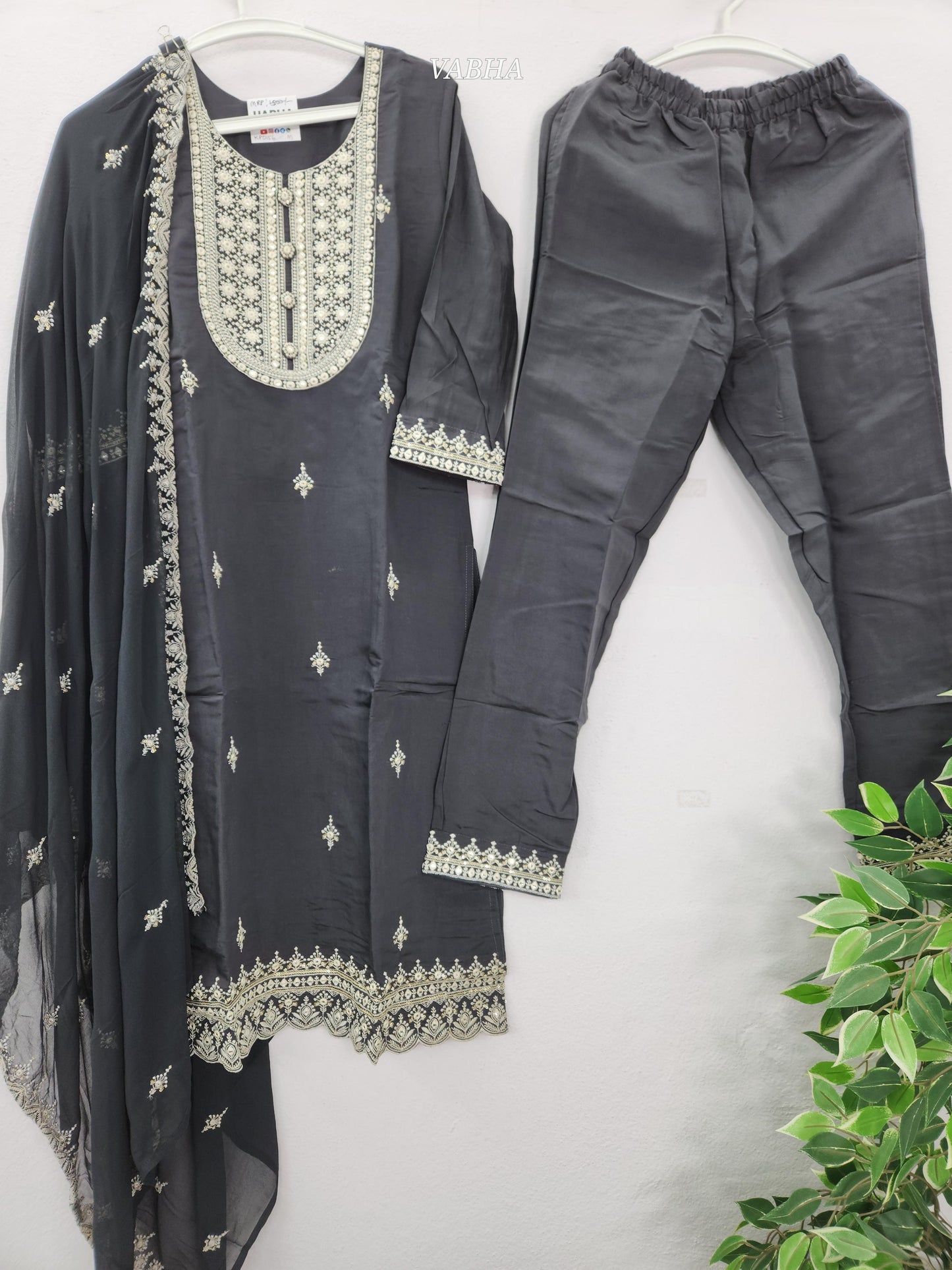 KPD156 Dark Grey Roman Silk Round neck With Thread Embroidery With Lining Straight Cut Kurti Pant Dupatta