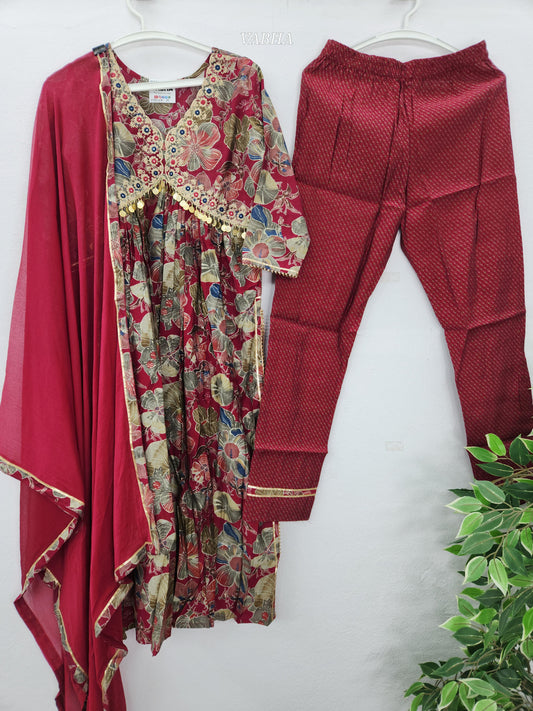 KPD159 Magenta Pink Modal Silk v neck Floral Print Alia Cut Pattern Coin Designed Naira Cut Kurti Pant Duppatta