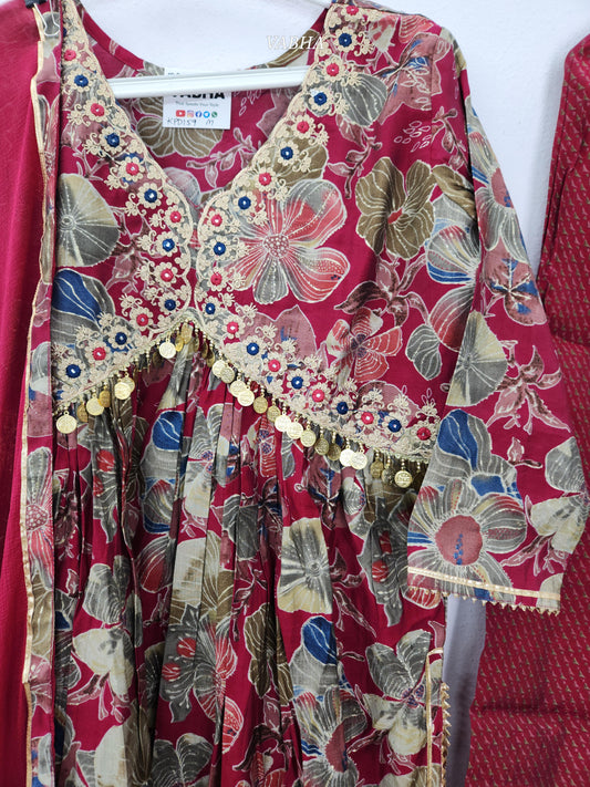 KPD159 M Size Magenta Pink Modal Silk v neck Floral Print Alia Cut Pattern Coin Designed Naira Cut Kurti Pant Duppatta