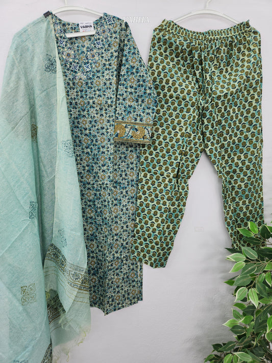 KPD160 Green Semi Cotton V Neck Floral Print Straight Cut Kurti Pant Duppatta