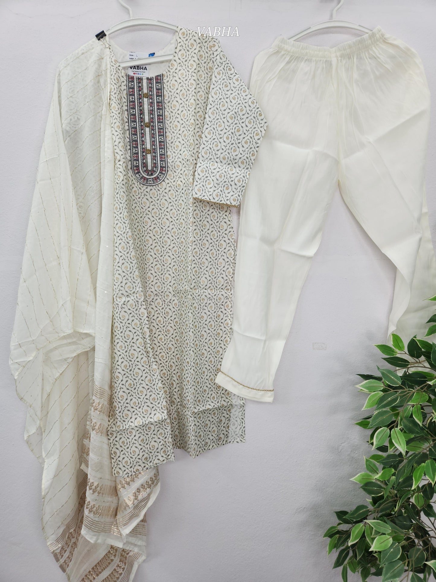 KPD161 White Roman Silk Round Neck Thread Embroidery Printed Style Straight Cut Kurti Pant Duppatta
