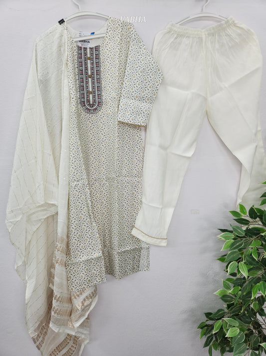 KPD161 White Roman Silk Round Neck Thread Embroidery Printed Style Straight Cut Kurti Pant Duppatta