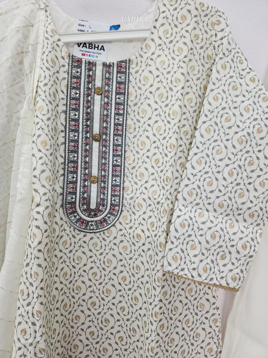 KPD161 White Roman Silk Round Neck Thread Embroidery Printed Style Straight Cut Kurti Pant Duppatta