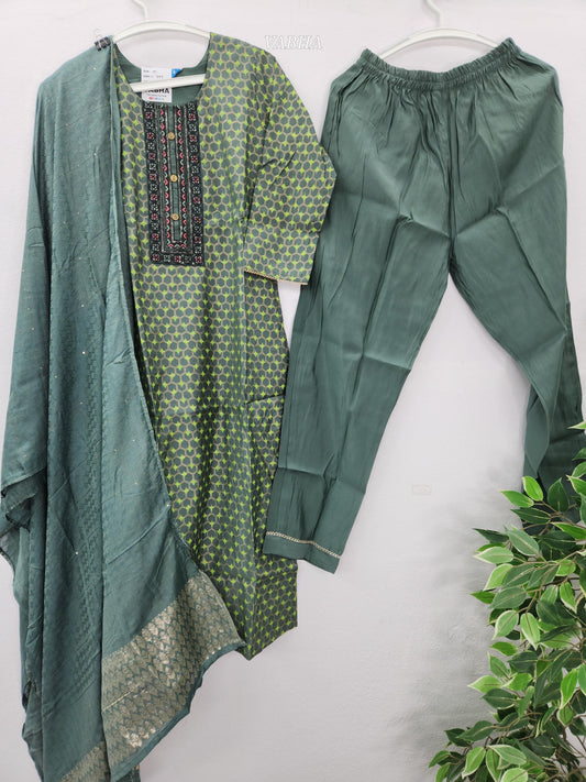 KPD163 Greish Green Roman Silk Round Neck Thread Embroidery Printed Style Straight Cut Kurti Pant Duppatta
