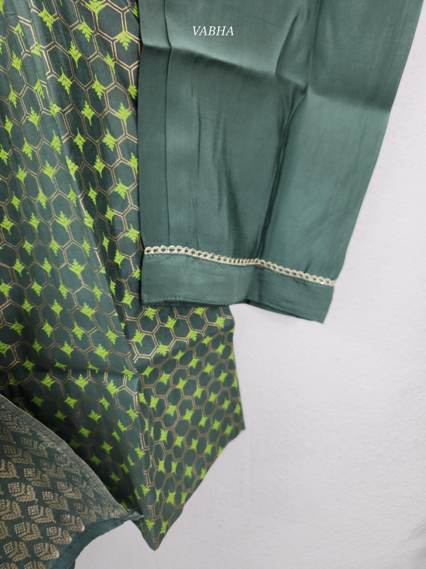 KPD163 Greish Green Roman Silk Round Neck Thread Embroidery Printed Style Straight Cut Kurti Pant Duppatta