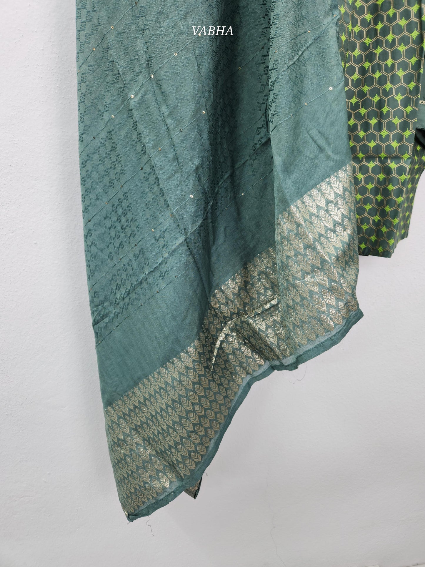 KPD163 Greish Green Roman Silk Round Neck Thread Embroidery Printed Style Straight Cut Kurti Pant Duppatta