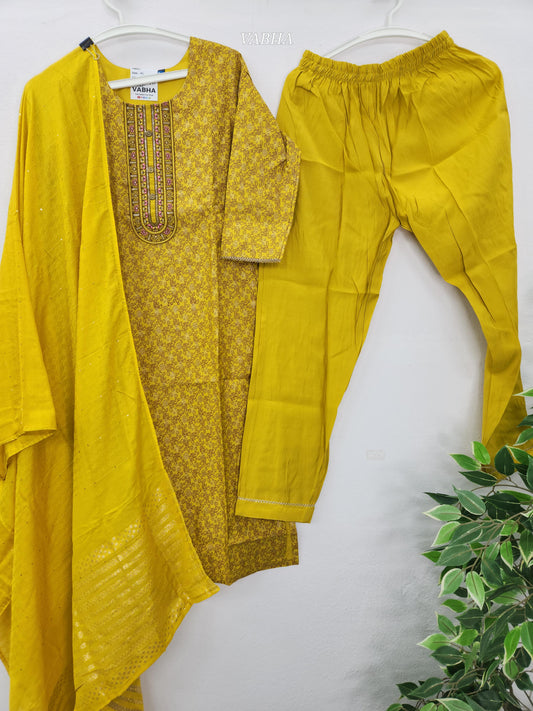 KPD165 Yellow Roman Silk Round Neck Thread Embroidery Printed Style Straight Cut Kurti Pant Duppatta
