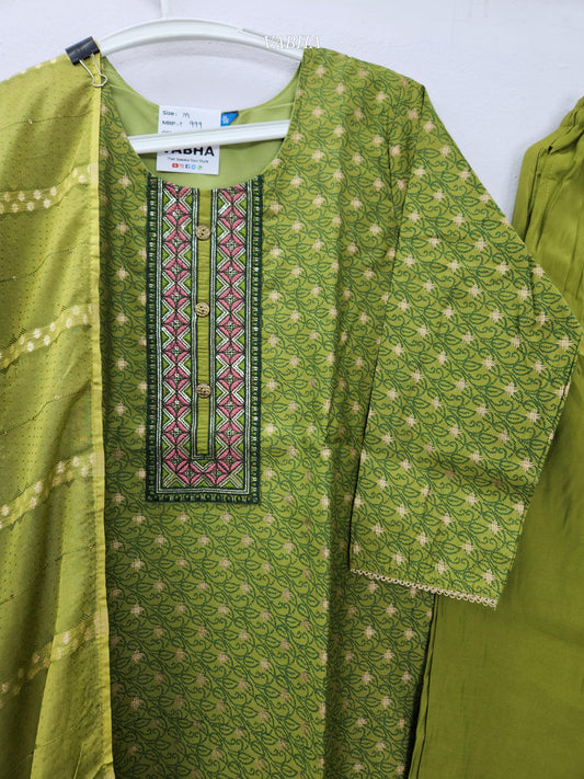 KPD166 Green Roman Silk Round Neck Thread Embroidery Printed Style Straight Cut Kurti Pant Duppatta