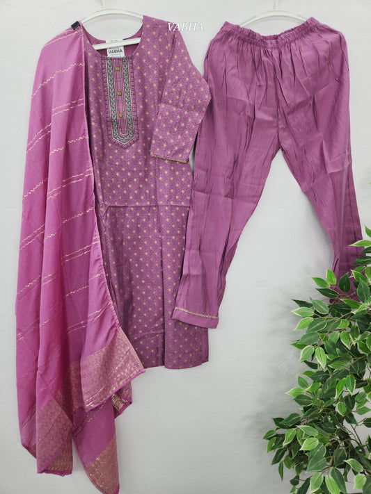 KPD168 Light Purple Roman Silk Round Neck Thread Embroidery Printed Style Straight Cut Kurti Pant Duppatta