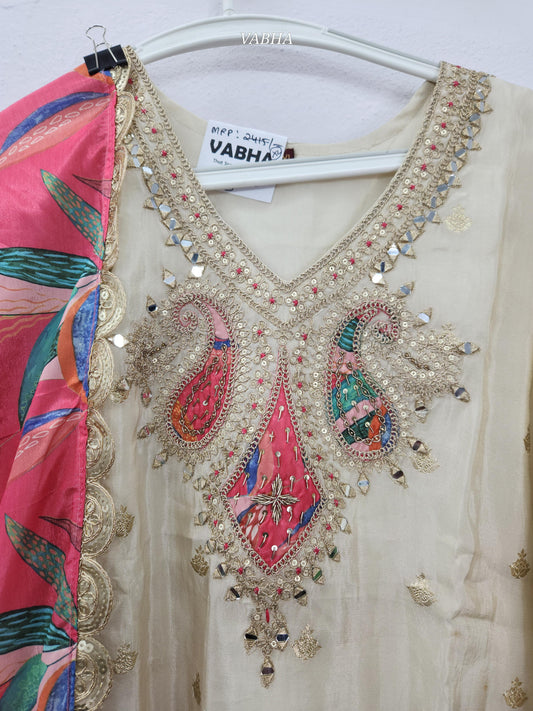 KPD173 cream Pink Tissue Silk V Neck zari Sequence Embroidery With Lining Straight Cut Kurti Pant Duppatta