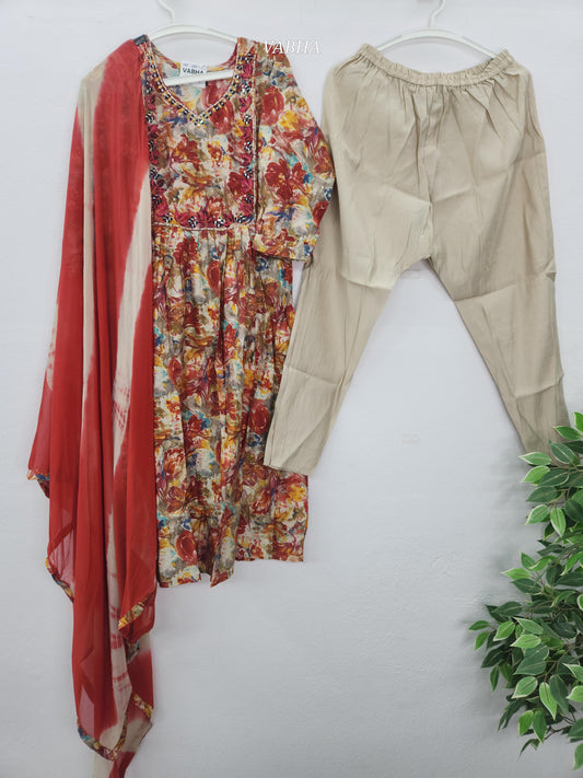 KPD181 Orange Modal Silk Curvy V Neck Floral Print Straight Cut Kurti Pant Duppatta