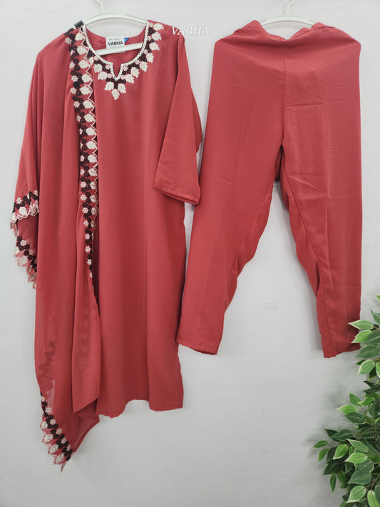 KPD186 Pink Georgette Round With V Neck Thread Embroidery With Lining Straight Cut Kurti Pant Duppatta