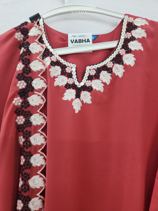 KPD186 Pink Georgette Round With V Neck Thread Embroidery With Lining Straight Cut Kurti Pant Duppatta