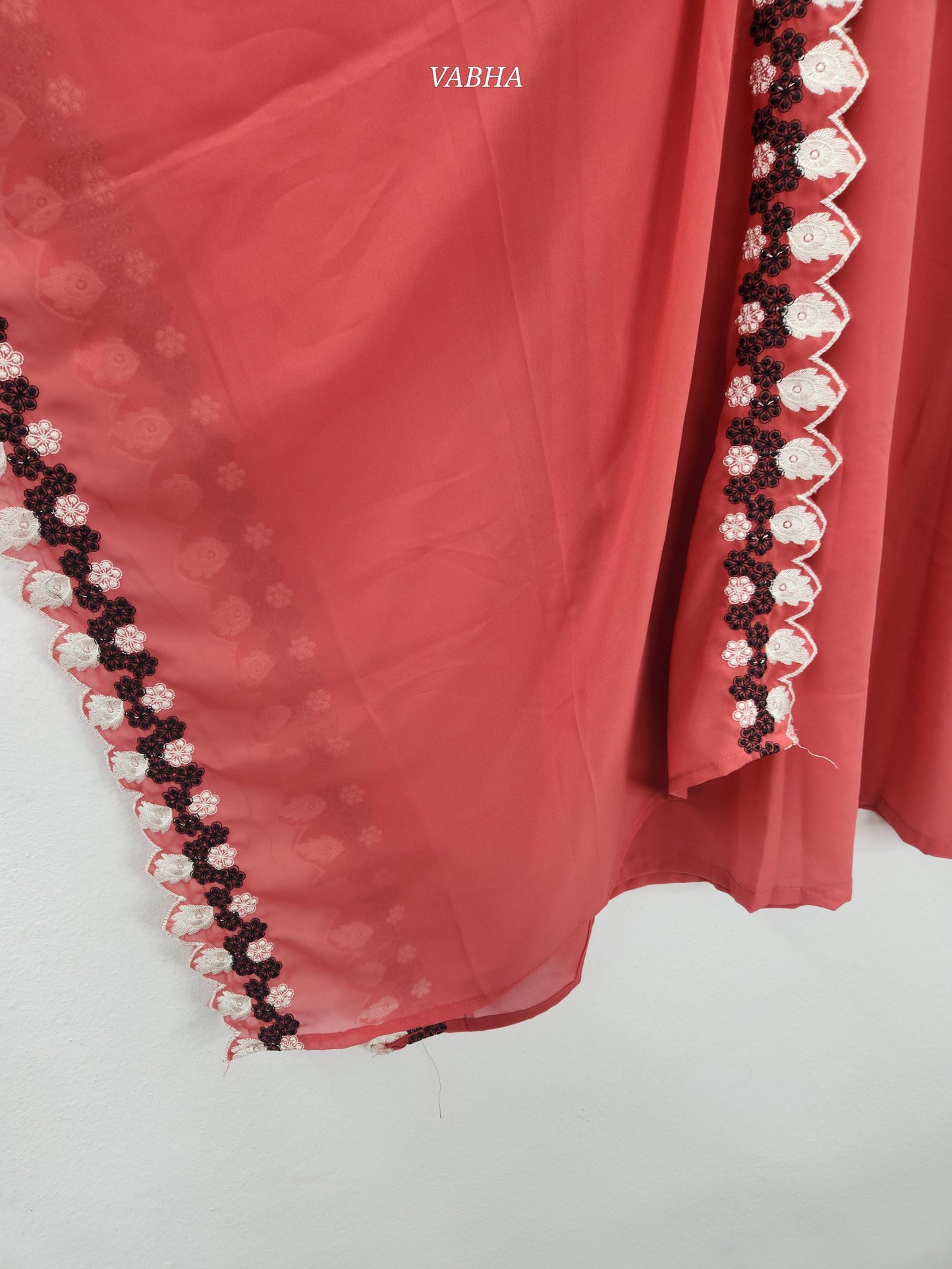 KPD186 Pink Georgette Round With V Neck Thread Embroidery With Lining Straight Cut Kurti Pant Duppatta