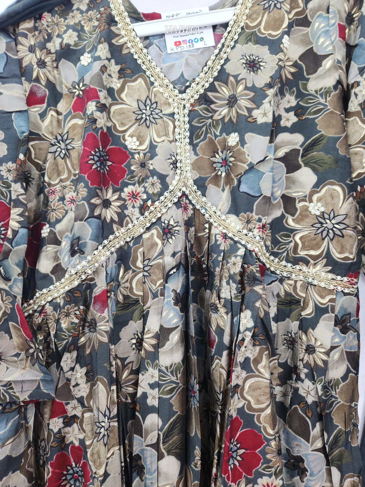 KPD188 Grey Modal Silk V Neck Alia Cut Pattern Pearl Zari Work Straight Cut Kurti Pant Duppatta