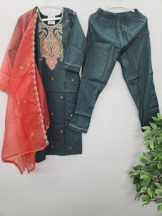KPD190 Peacock Blue Roman Shimmer Silk Round Neck With Zari Embroidery Organza Duppatta Straight Cut Kurti Pant Duppatta