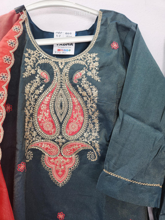 KPD190 Peacock Blue Roman Shimmer Silk Round Neck With Zari Embroidery Organza Duppatta Straight Cut Kurti Pant Duppatta