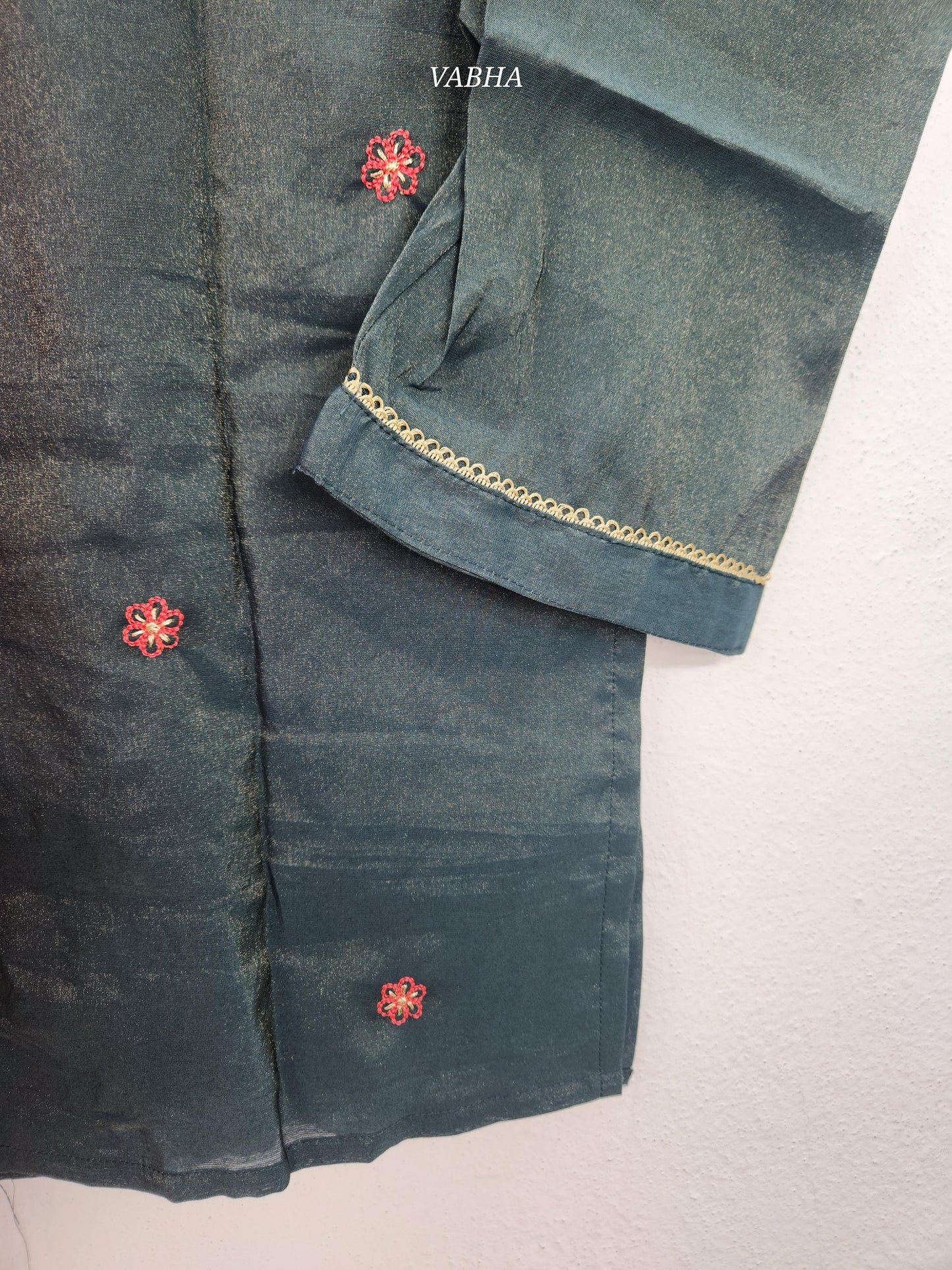 KPD190 Peacock Blue Roman Shimmer Silk Round Neck With Zari Embroidery Organza Duppatta Straight Cut Kurti Pant Duppatta