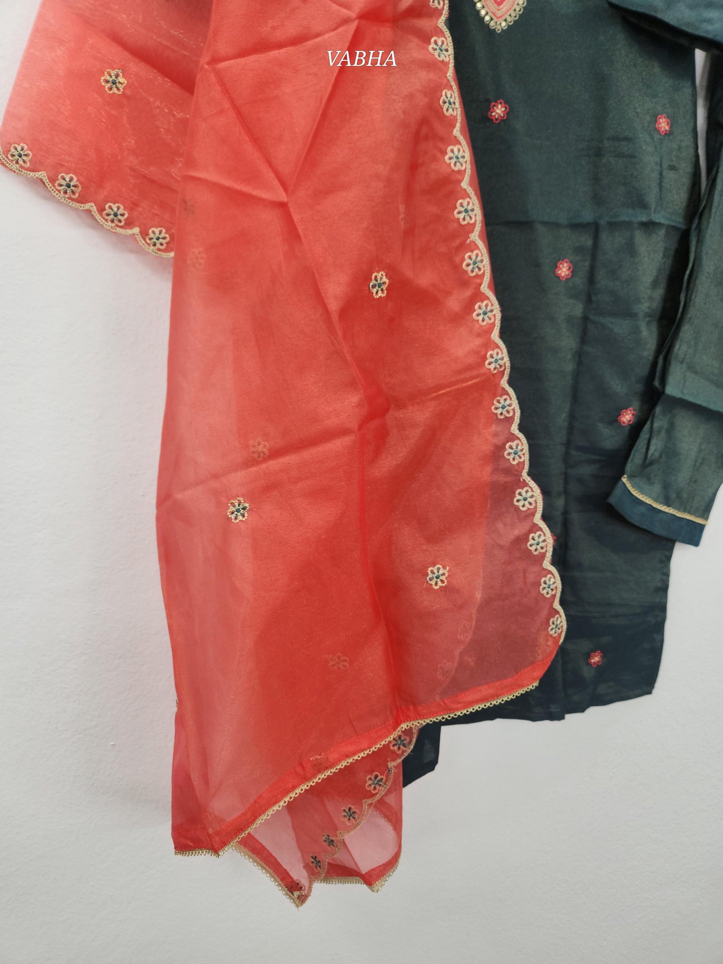 KPD190 Peacock Blue Roman Shimmer Silk Round Neck With Zari Embroidery Organza Duppatta Straight Cut Kurti Pant Duppatta