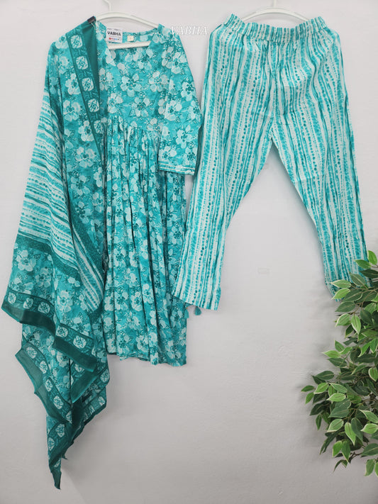 KPD193 Rama Green Cotton V Neck Floral Print Anarkali Style Kurti Pant Duppatta