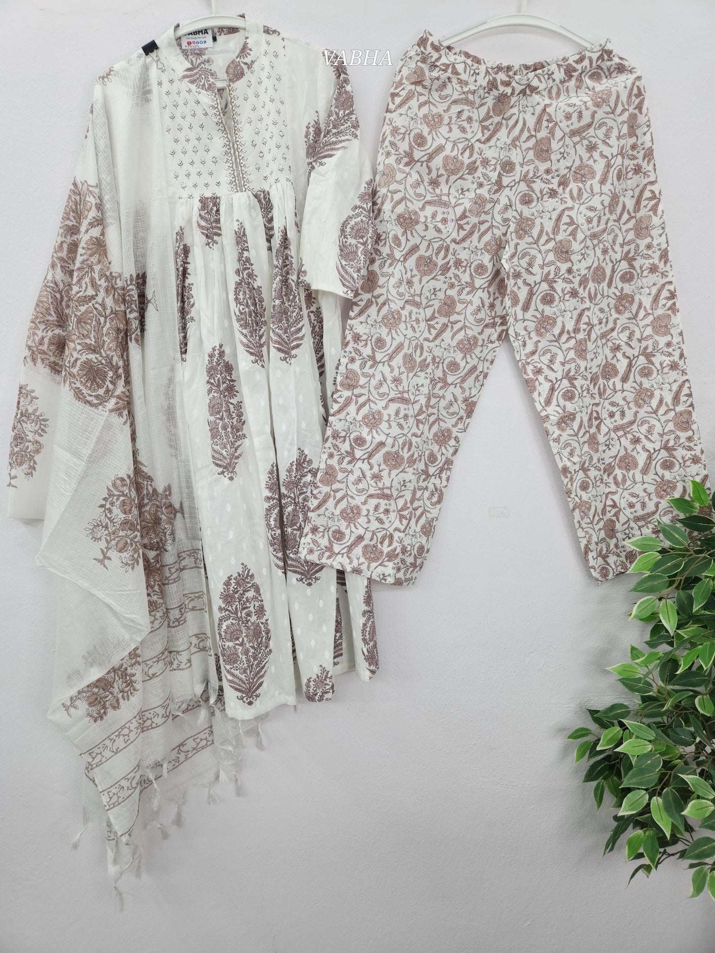 KPD202 White Cotton High Neck with Floral Print Pearl Work A line Style Kurthi Pant Duppatta