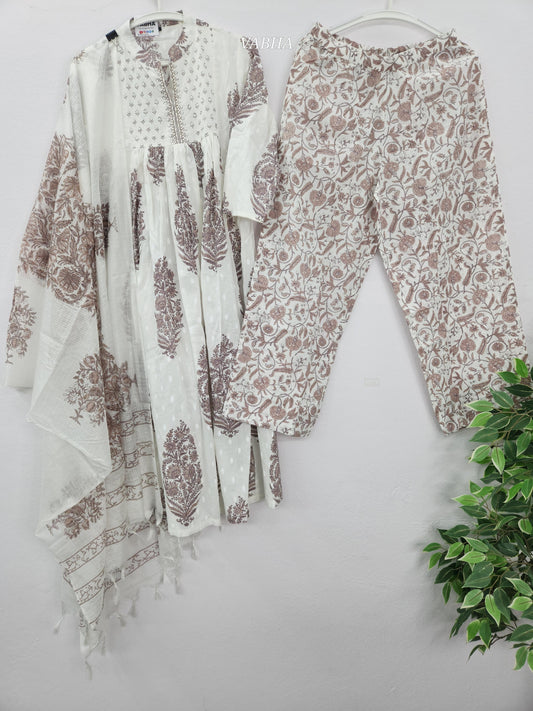 KPD202 White Cotton High Neck with Floral Print Pearl Work A line Style Kurthi Pant Duppatta