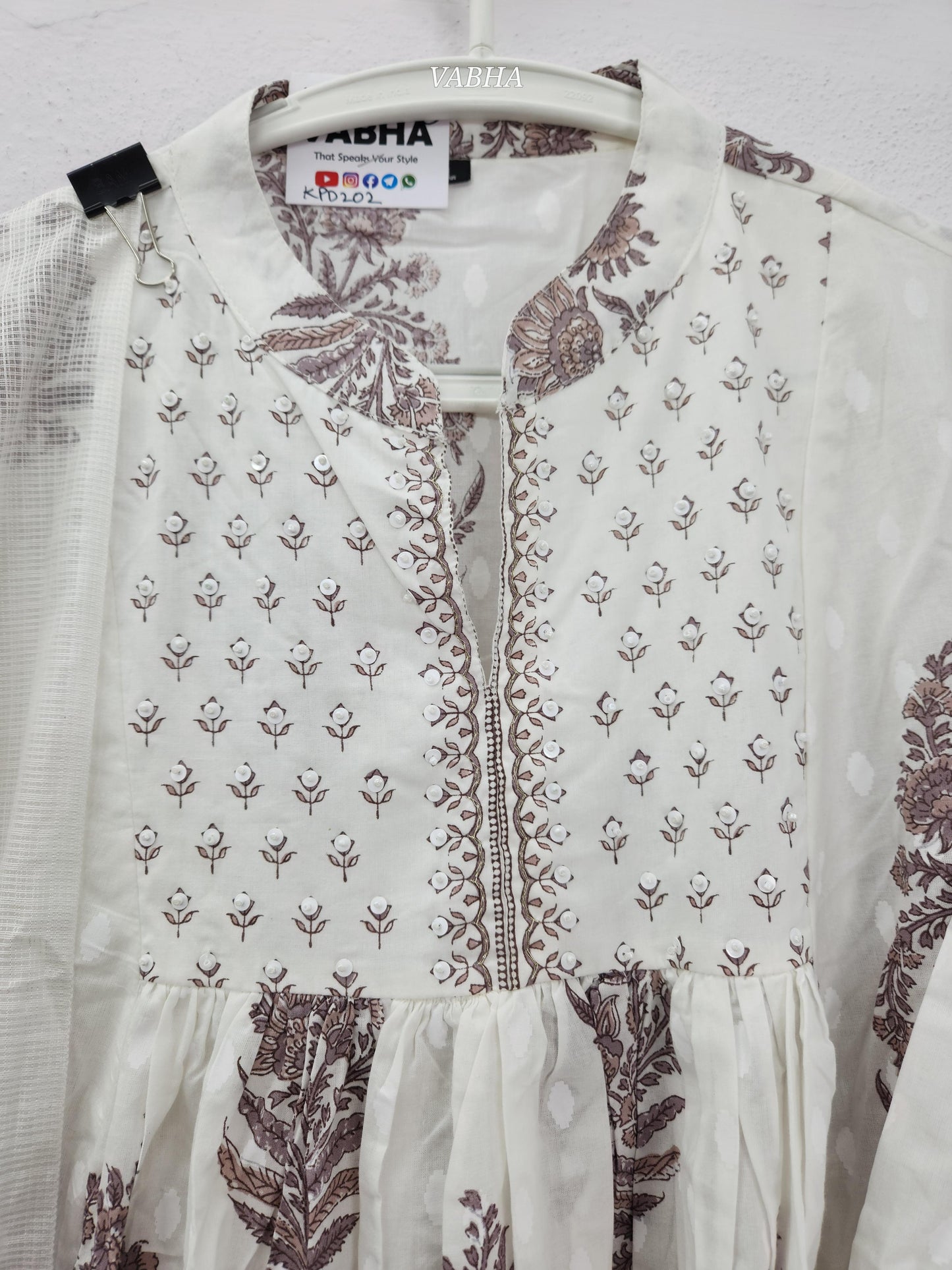 KPD202 White Cotton High Neck with Floral Print Pearl Work A line Style Kurthi Pant Duppatta