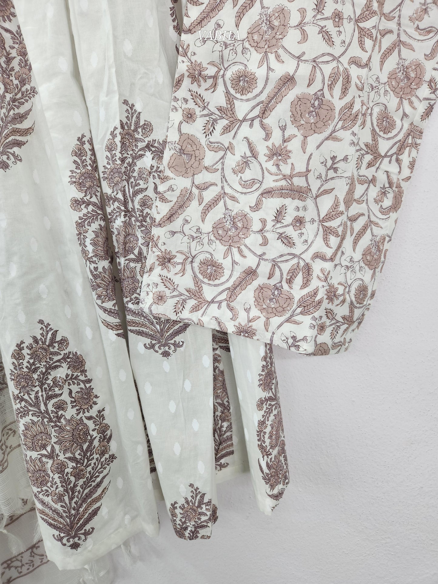 KPD202 White Cotton High Neck with Floral Print Pearl Work A line Style Kurthi Pant Duppatta