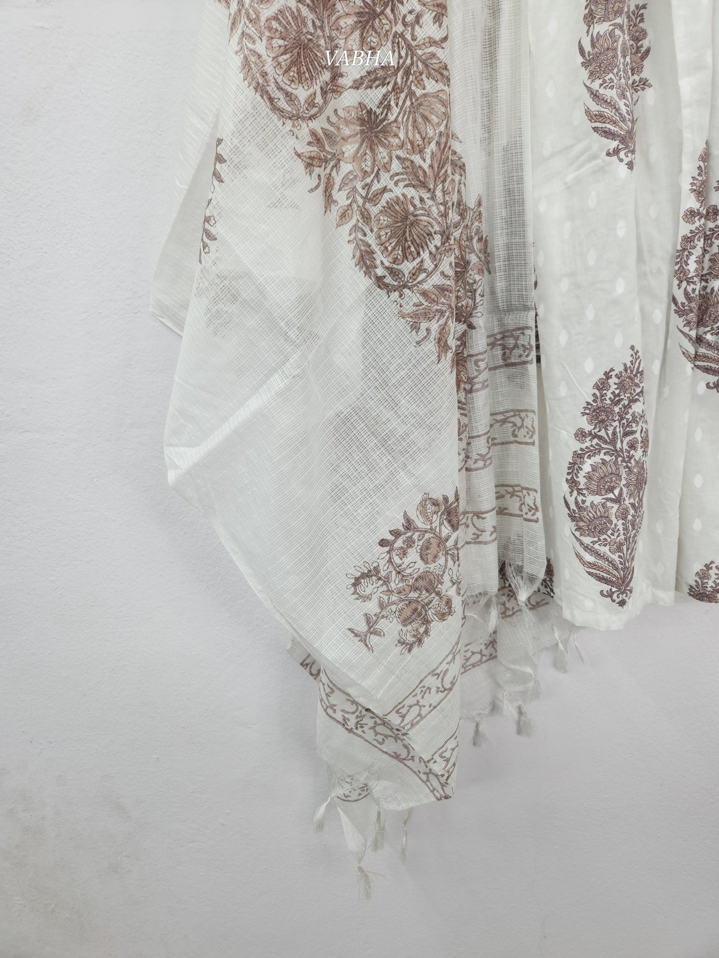 KPD202 White Cotton High Neck with Floral Print Pearl Work A line Style Kurthi Pant Duppatta