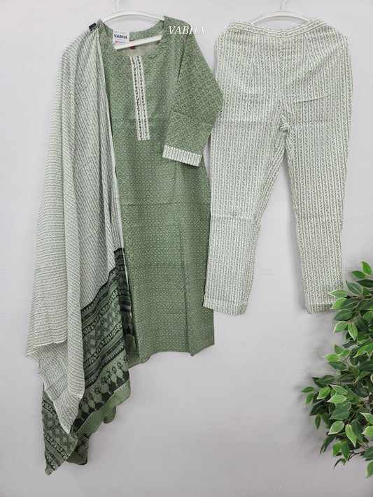 KPD208 Pista Green Round Neck Printed Straight Cut  Kurthi Pant Duppatta
