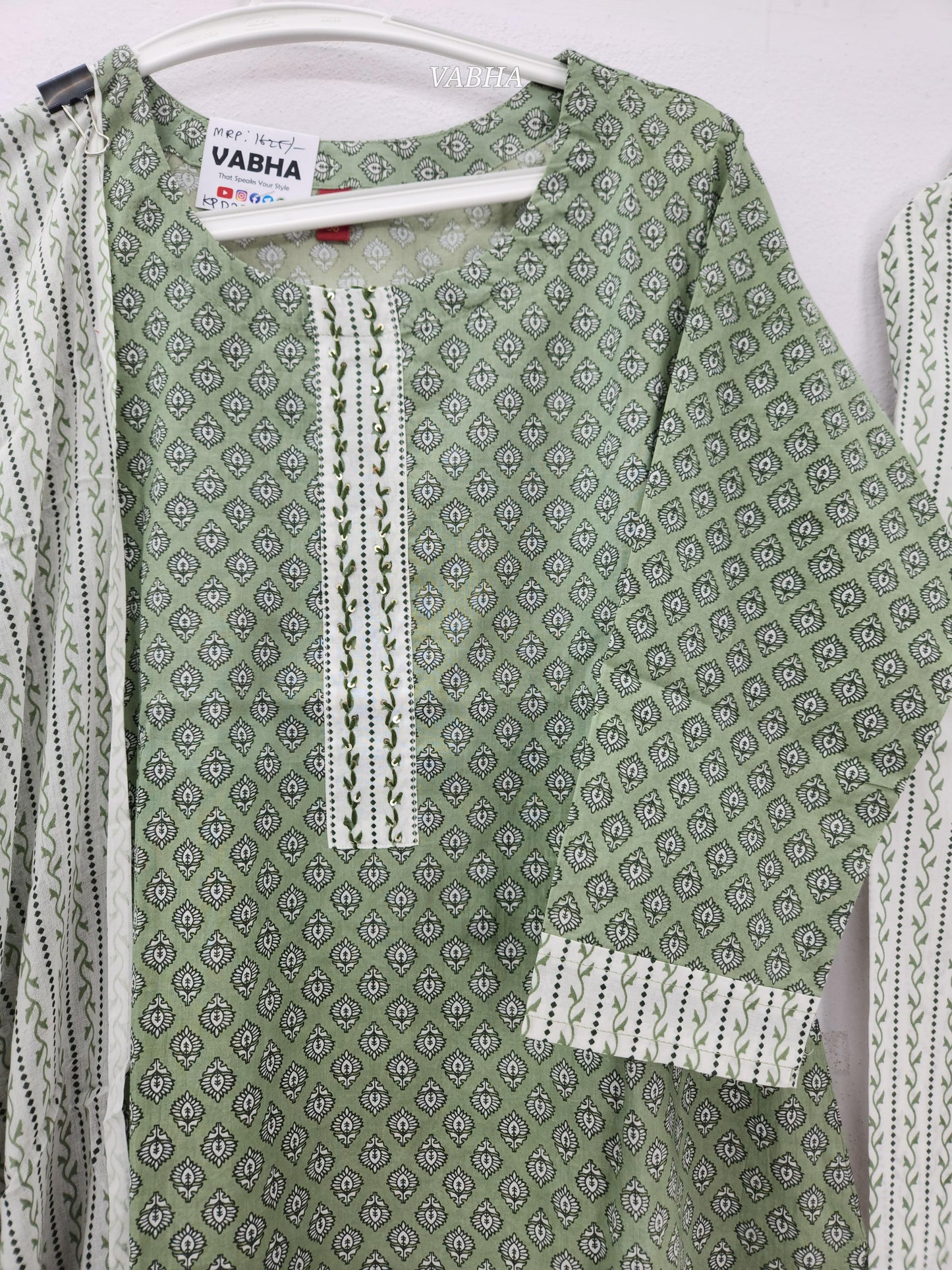 KPD208 Pista Green Round Neck Printed Straight Cut  Kurthi Pant Duppatta