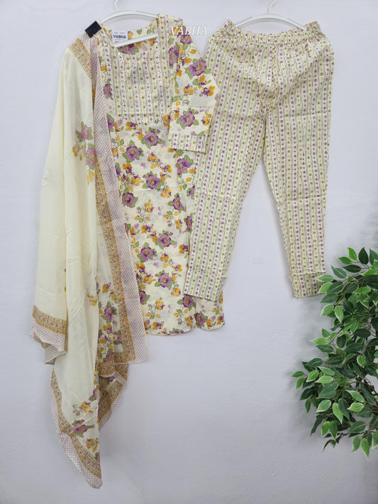 KPD210 Cream Purple Cotton Round With V Neck Floral Printed Straight Cut  Kurthi Pant Duppatta