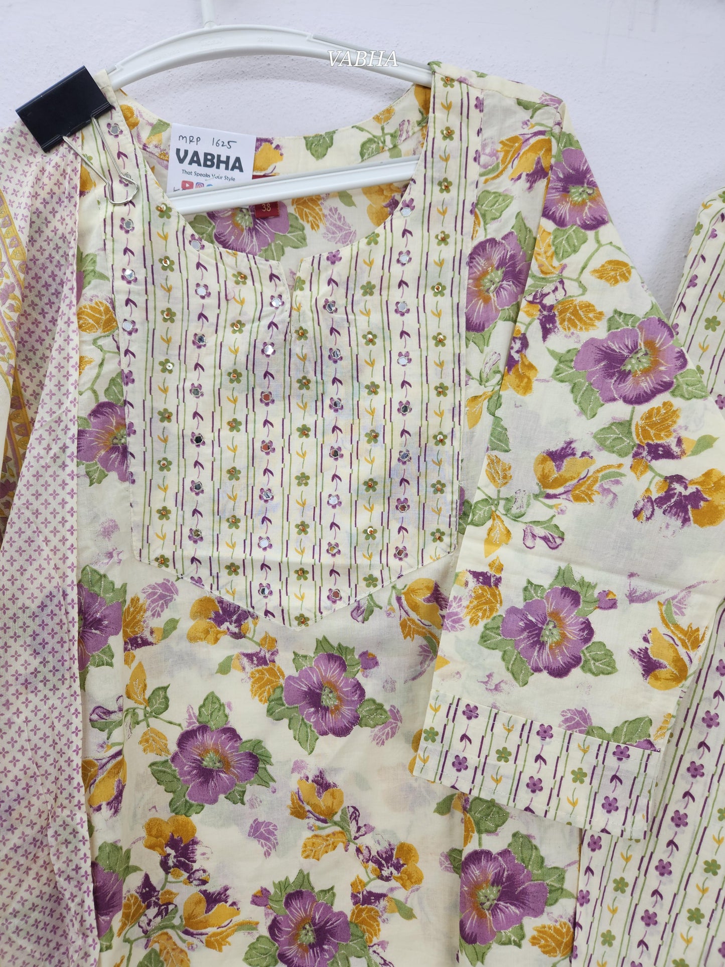 KPD210 Cream Purple Cotton Round With V Neck Floral Printed Straight Cut  Kurthi Pant Duppatta
