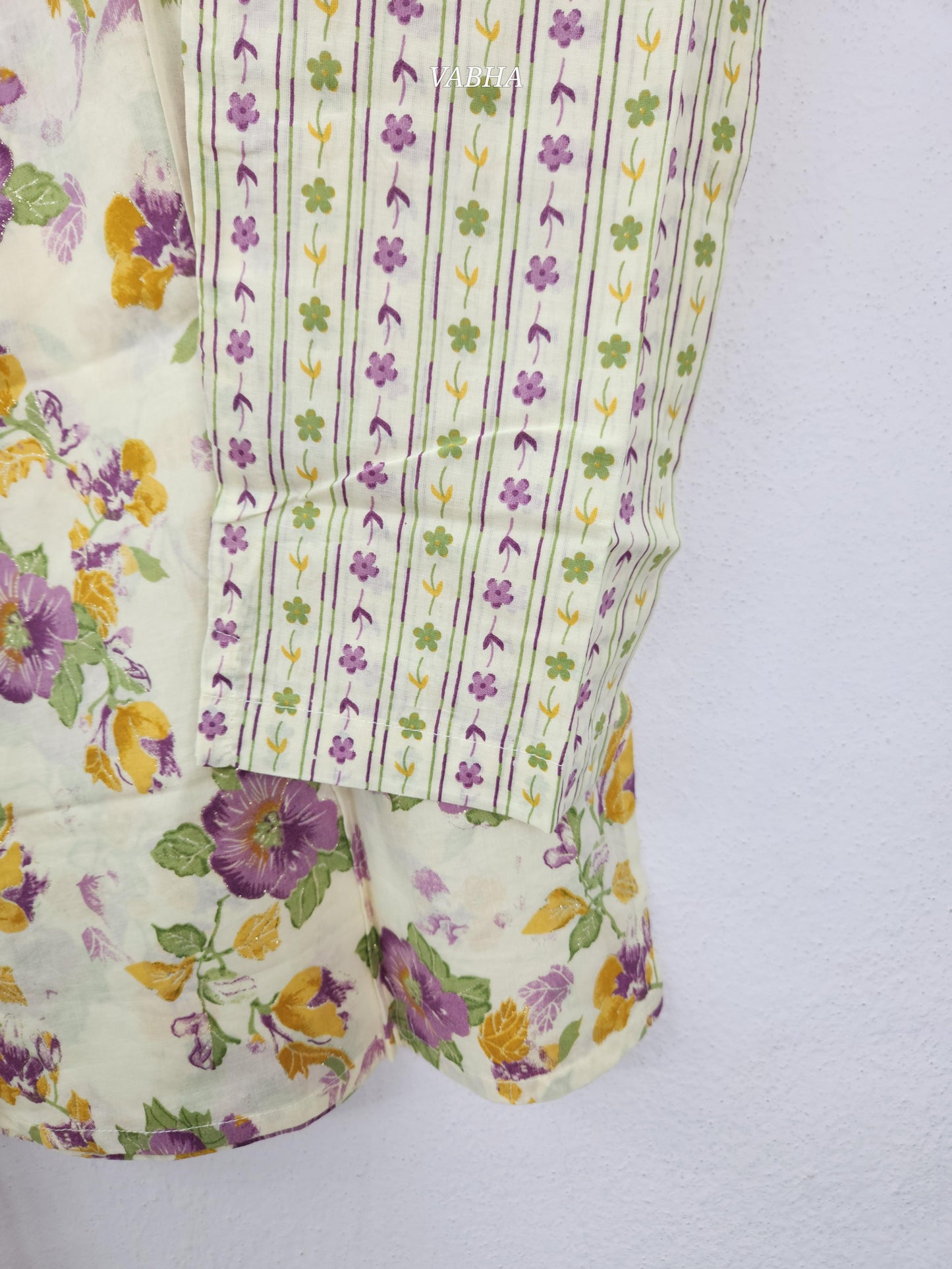KPD210 Cream Purple Cotton Round With V Neck Floral Printed Straight Cut  Kurthi Pant Duppatta