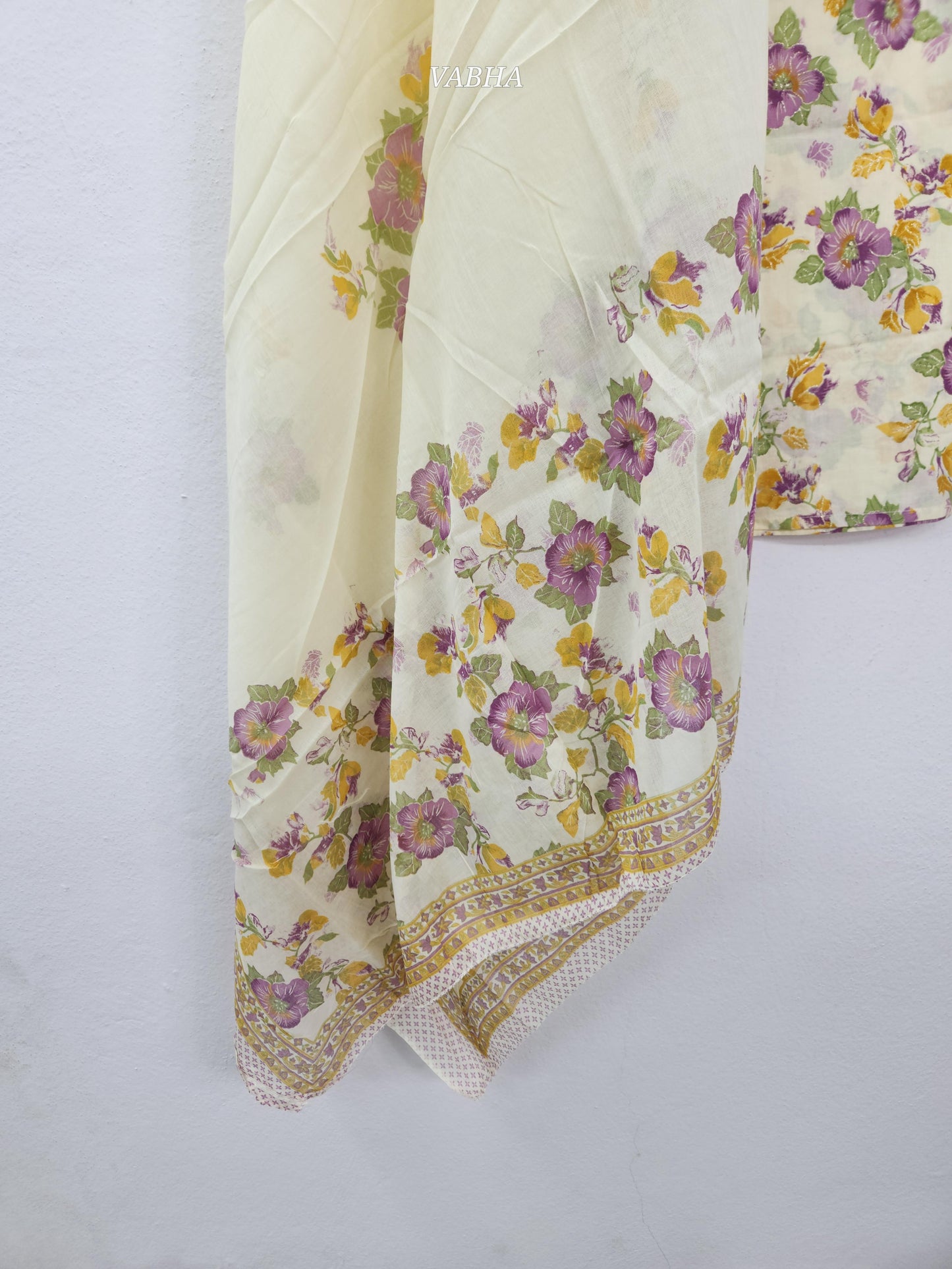 KPD210 Cream Purple Cotton Round With V Neck Floral Printed Straight Cut  Kurthi Pant Duppatta