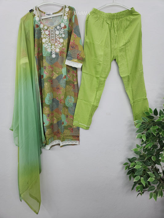 KPD211 Green Rayon Round Neck Floral Printed Thread Embroidery Straight Cut  Kurthi Pant Duppatta