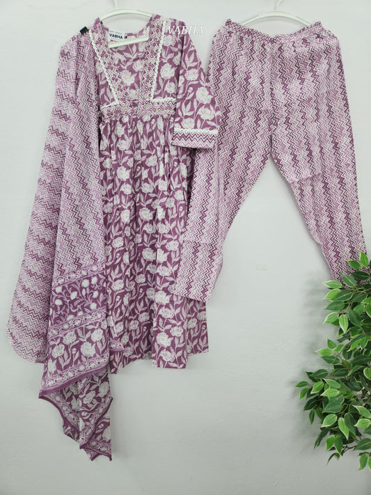 KPD212 Light Wine Cotton Round Neck Floral Printed A Line Kurthi Pant Duppatta