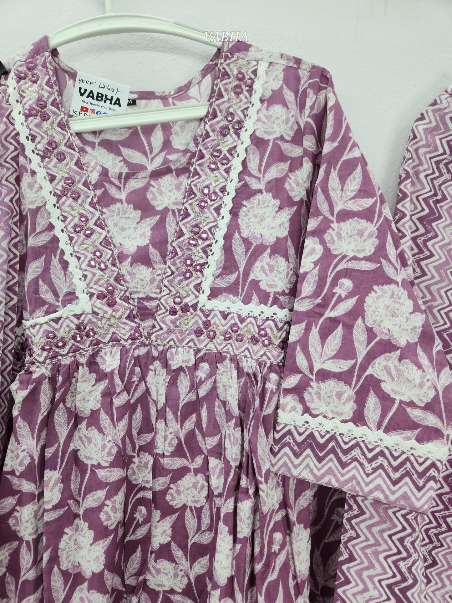 KPD212 Light Wine Cotton Round Neck Floral Printed A Line Kurthi Pant Duppatta