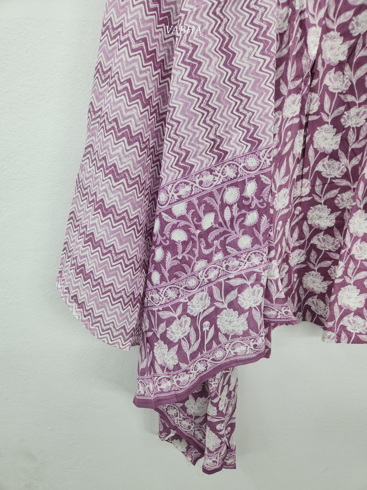 KPD212 Light Wine Cotton Round Neck Floral Printed A Line Kurthi Pant Duppatta