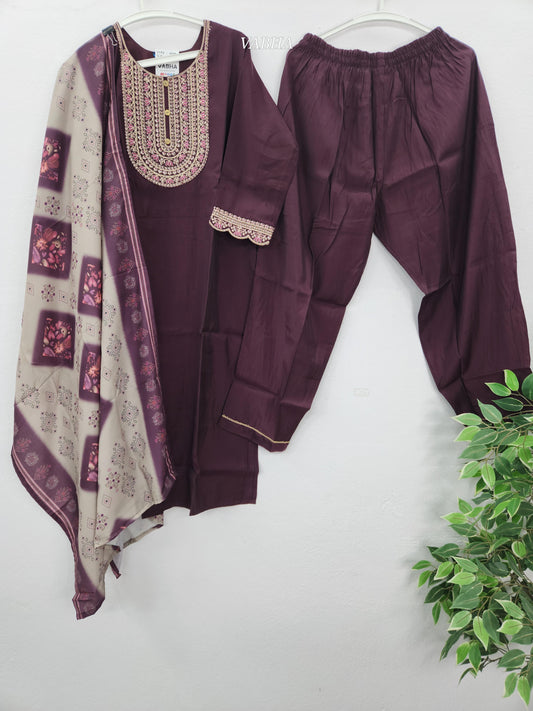 KPD214 Wine Shade Roman Silk Round Neck Zari Embroidery Straight Cut Kurthi Pant Duppatta