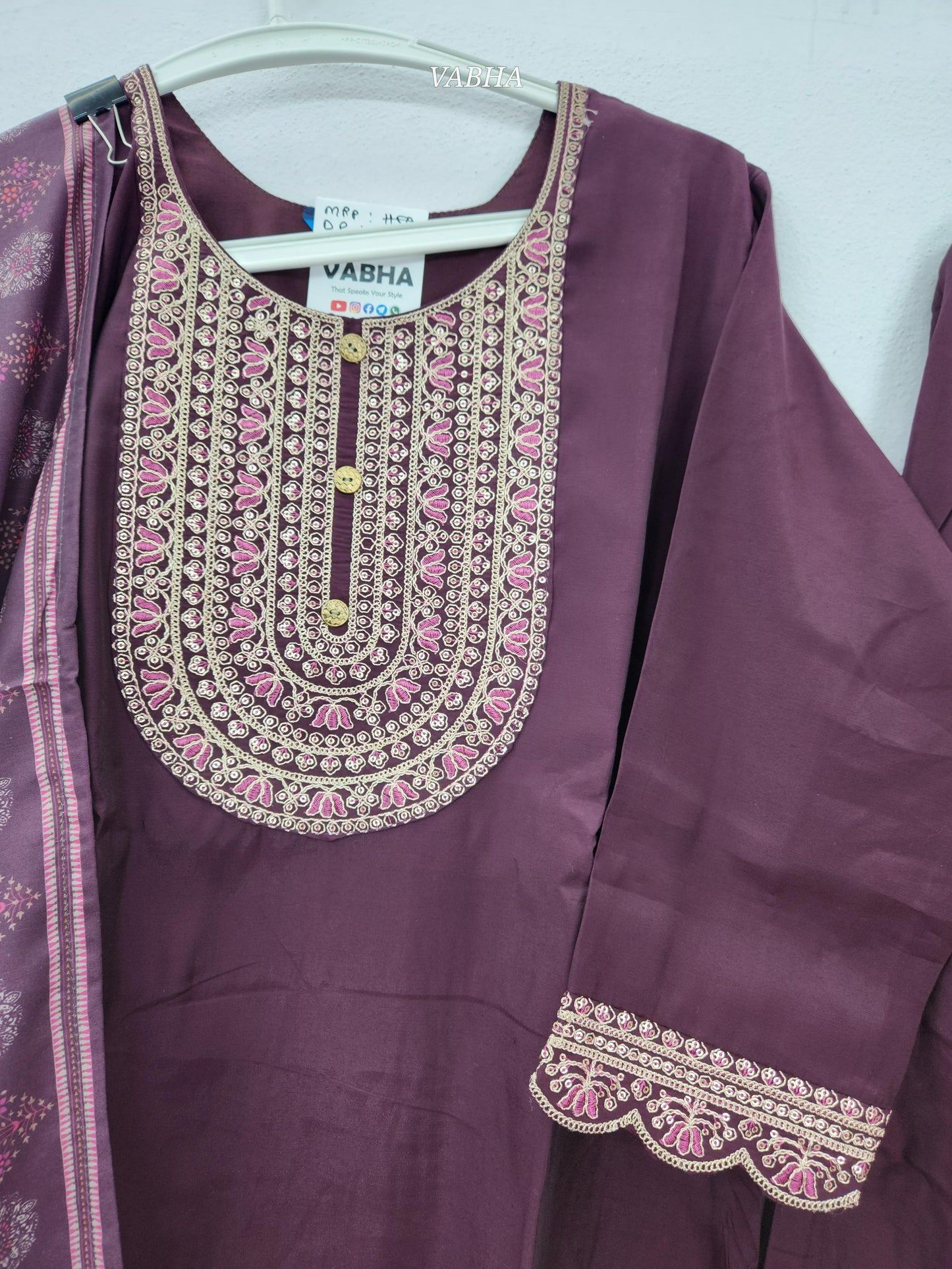 KPD214 Wine Shade Roman Silk Round Neck Zari Embroidery Straight Cut Kurthi Pant Duppatta
