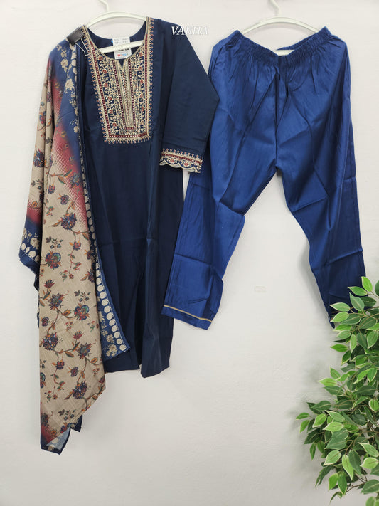 KPD215 Navy Blue Roman Silk Round Neck V Cut Zari Embroidery Straight Cut Kurthi Pant Duppatta