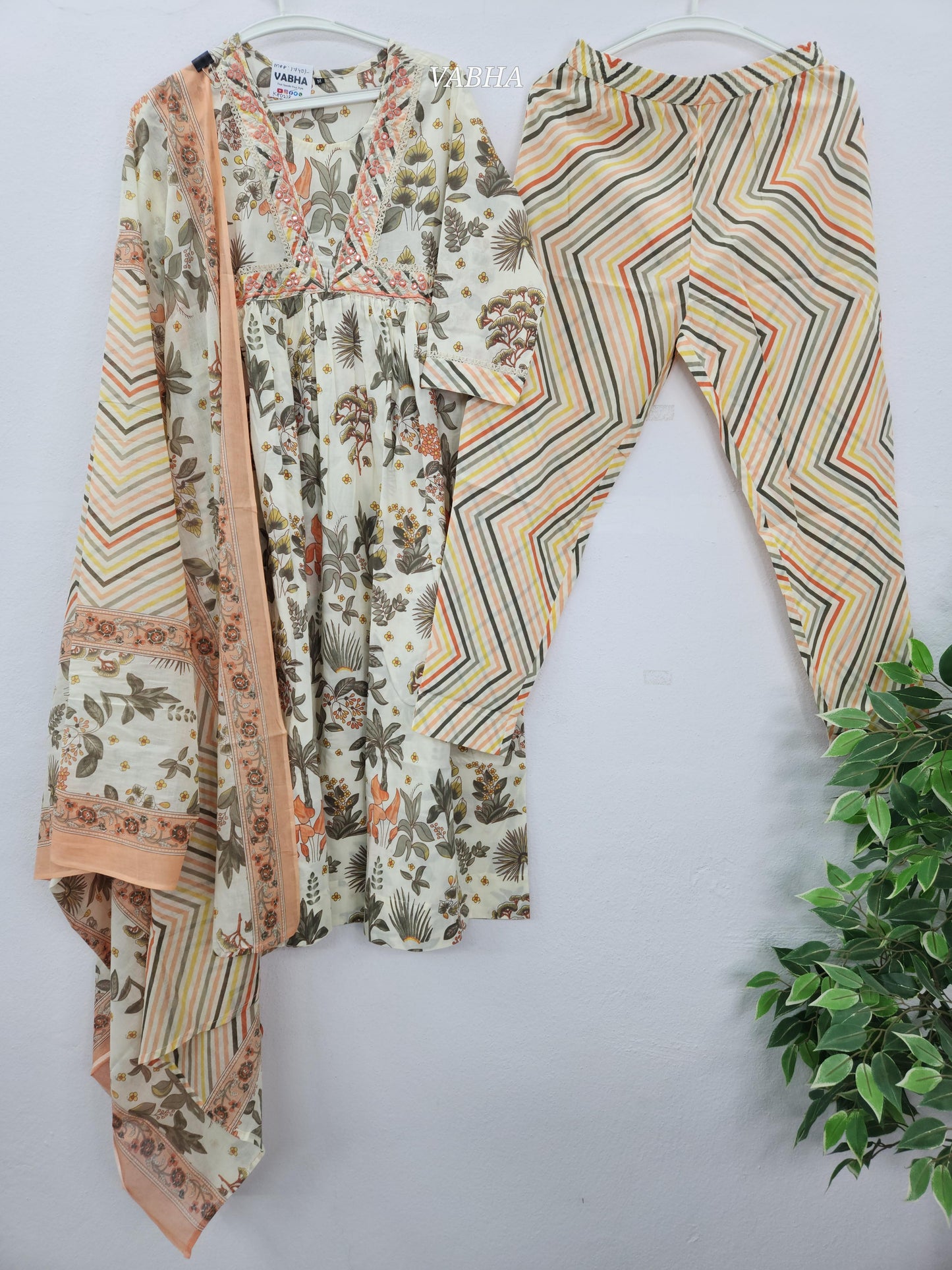 KPD218 Cream Orange Cotton Round Neck Floral Thread Embroidery A Line  Kurthi Pant Duppatta