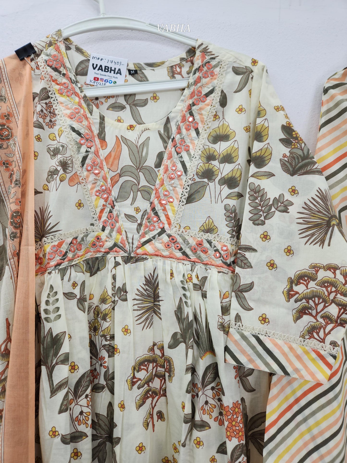 KPD218 Cream Orange Cotton Round Neck Floral Thread Embroidery A Line  Kurthi Pant Duppatta