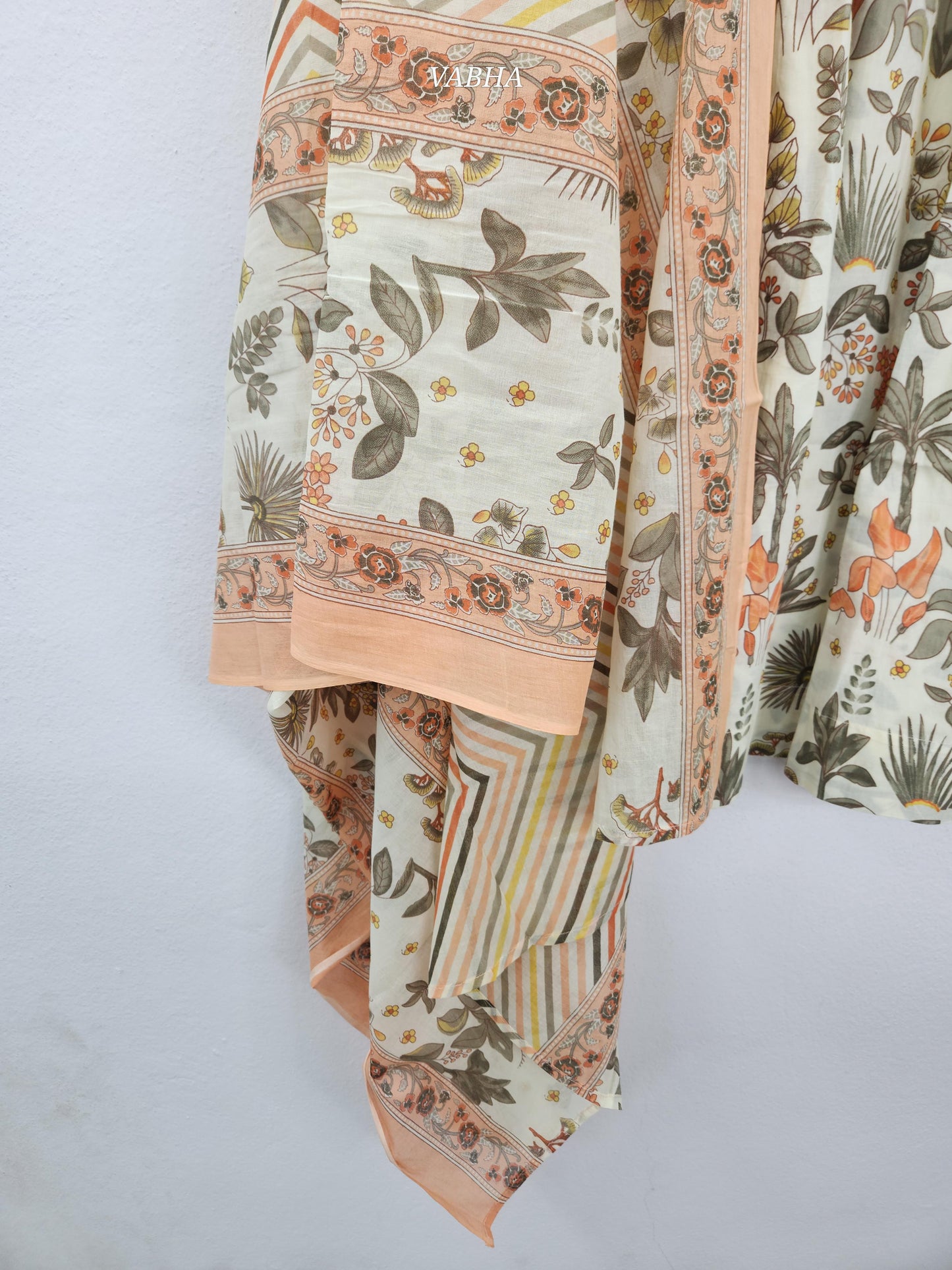 KPD218 Cream Orange Cotton Round Neck Floral Thread Embroidery A Line  Kurthi Pant Duppatta