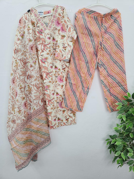 KPD227 Cream Pink Cotton V Neck Thread Embroidery Straight Cut Kurthi Pant Duppatta