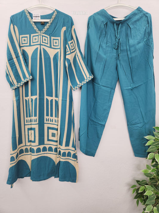 C61 Peacock Blue Rayon Pannel  Print V Neck Straight Cut  Kurthi Pant