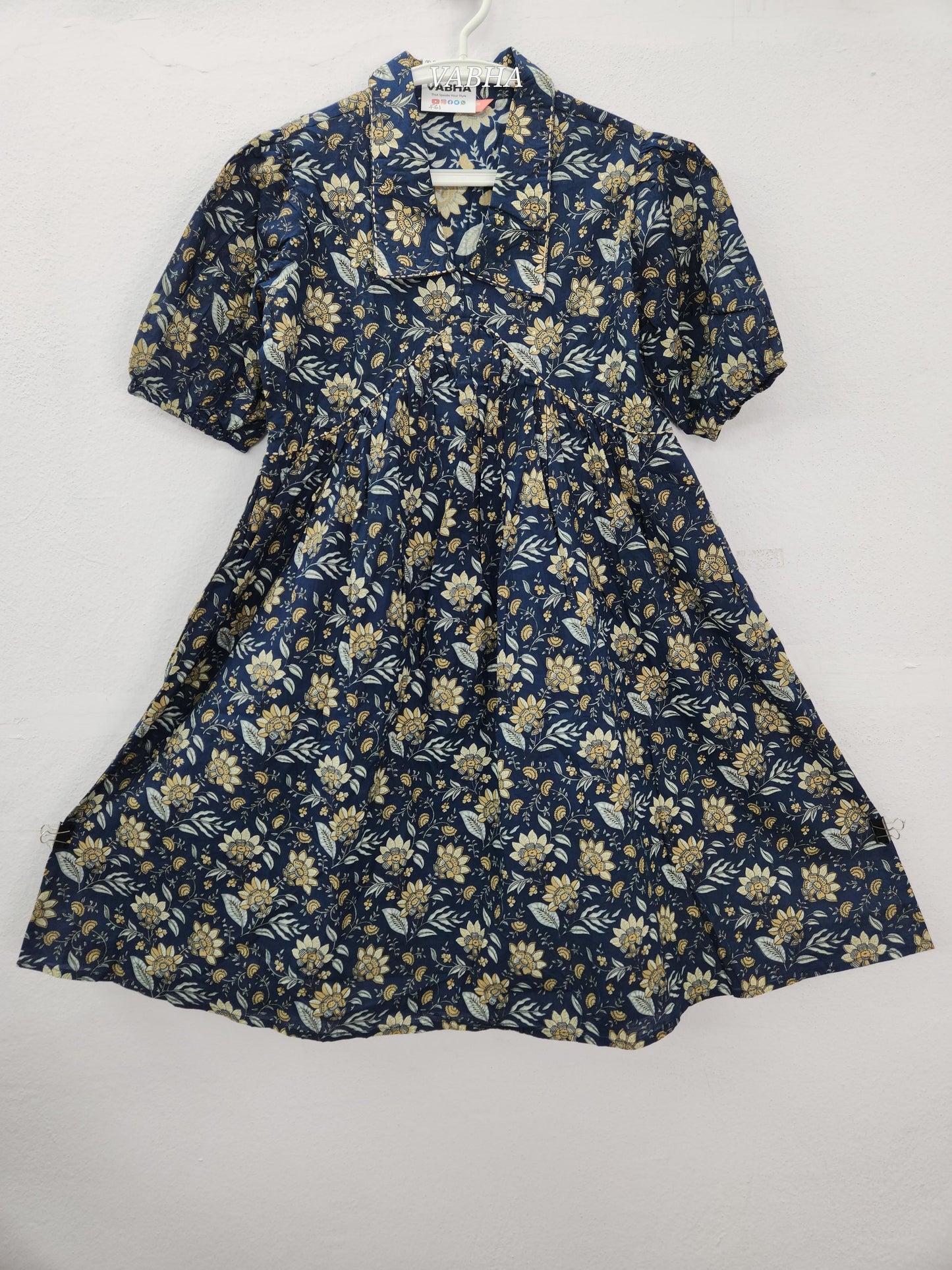 F61 Navy Blue Cotton Collar Neck Floral Print Alia Cut Style Knee Length Frock