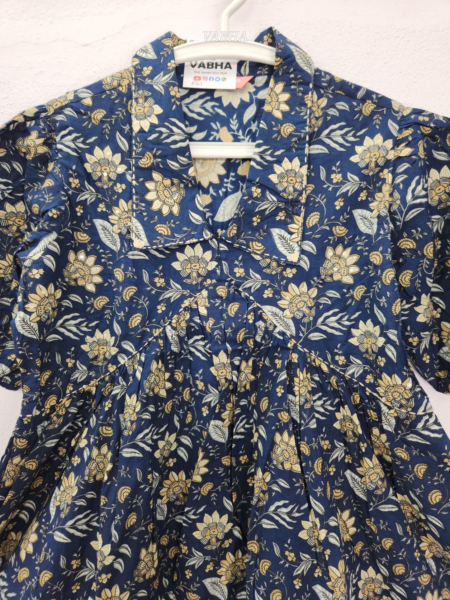 F61 Navy Blue Cotton Collar Neck Floral Print Alia Cut Style Knee Length Frock