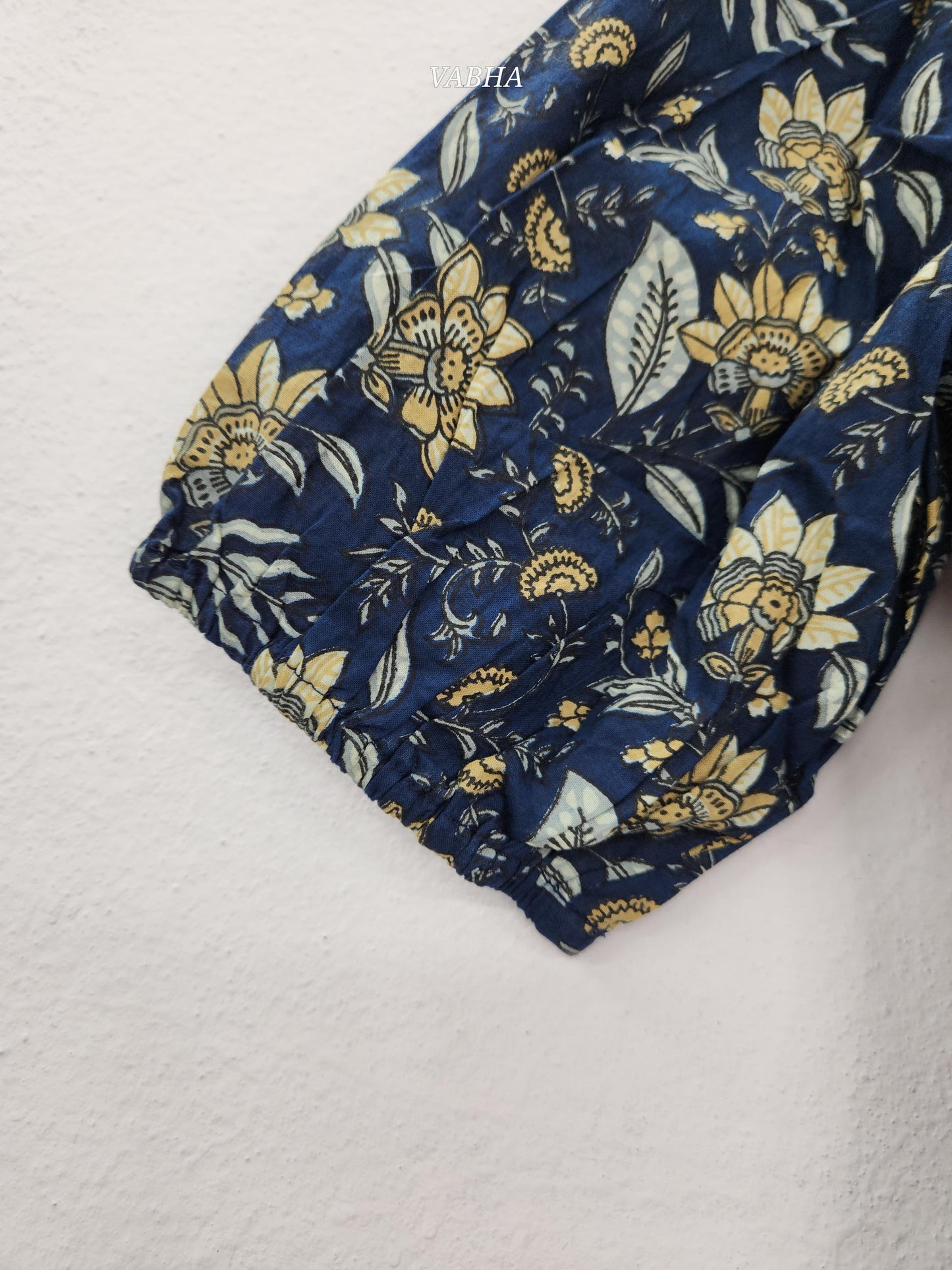 F61 Navy Blue Cotton Collar Neck Floral Print Alia Cut Style Knee Length Frock
